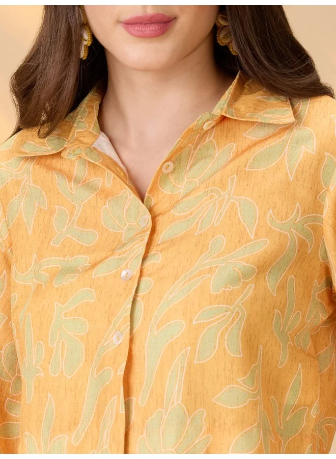 globus Women Yellow Collared Neck Bishop Sleeves Floral Print Crop Shirt With Palazzos Fusion Co-Ord Set