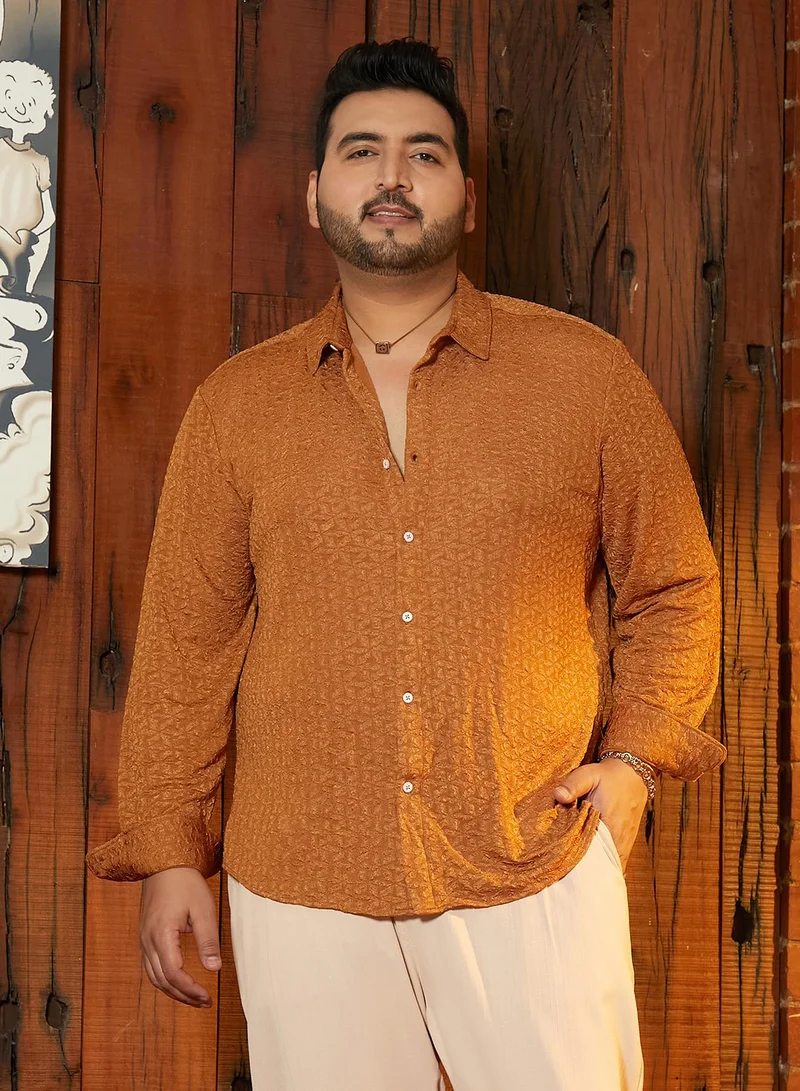 Instafab Plus Instafab Plus Men's Copper Brown Bloom-Textured Shirt For Casual Wear | Spread Collar | Long Cuffed Sleeves | Button Closure | Plus Size Shirt Crafted With Comfort Fit For Everyday Wear