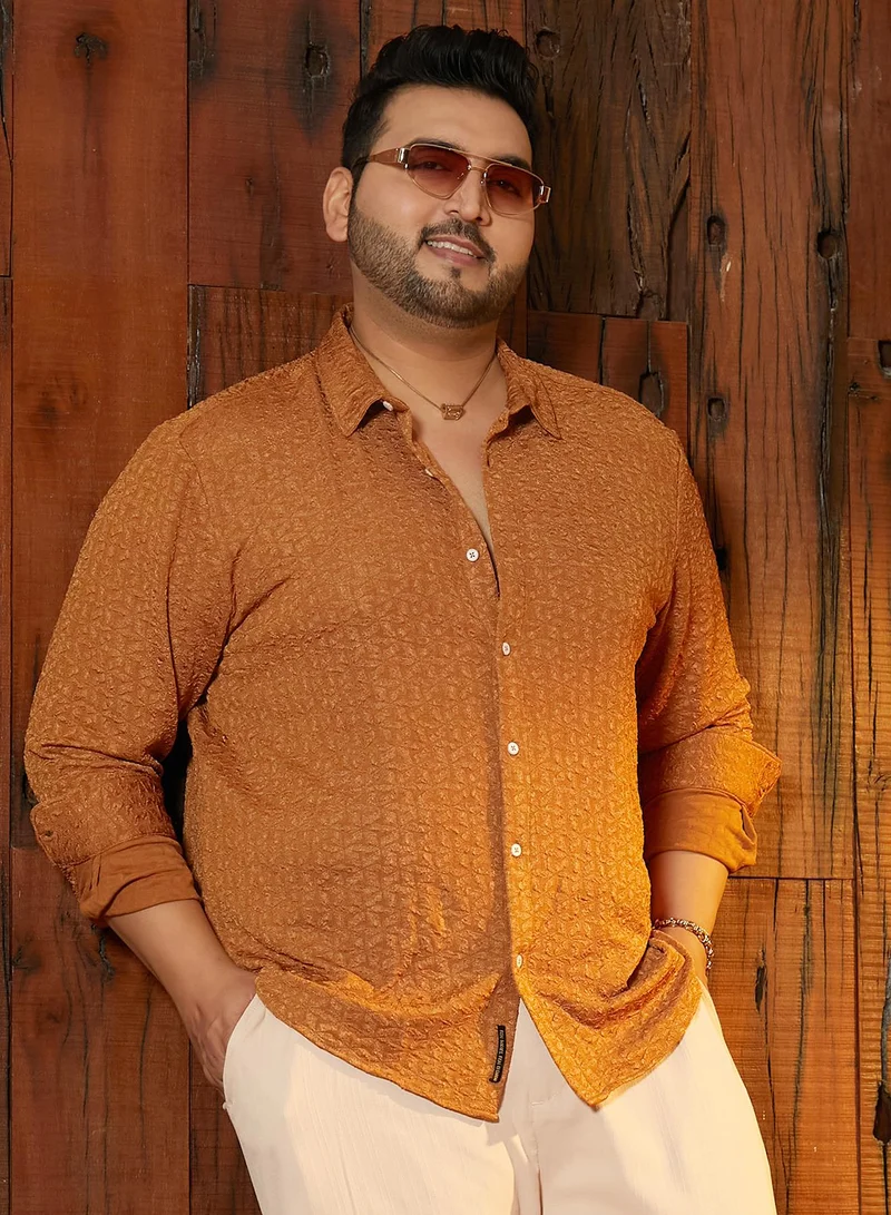 Instafab Plus Instafab Plus Men's Copper Brown Bloom-Textured Shirt For Casual Wear | Spread Collar | Long Cuffed Sleeves | Button Closure | Plus Size Shirt Crafted With Comfort Fit For Everyday Wear