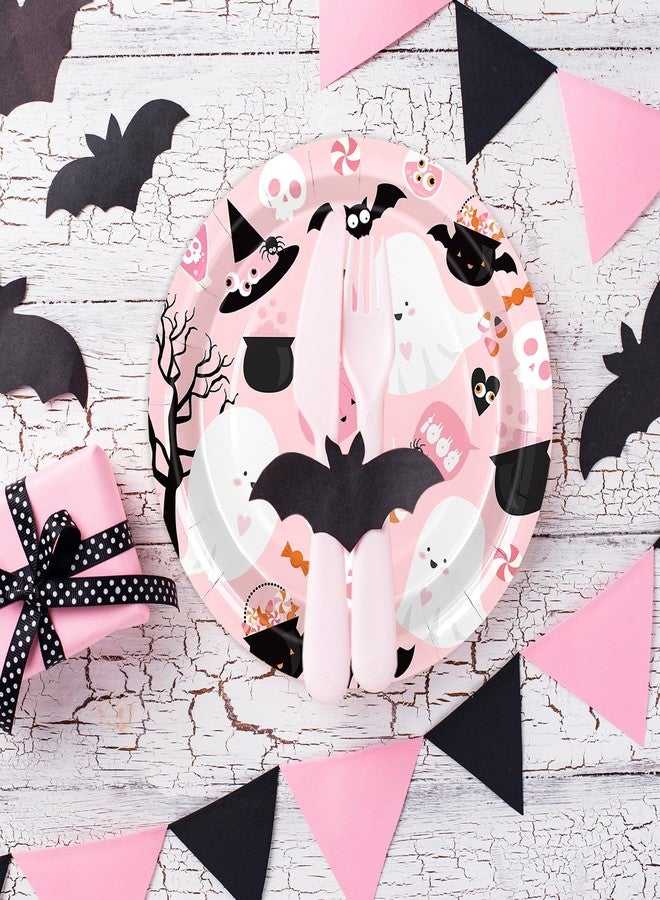JarThenaAMCS 50Pcs Halloween Paper Plates Pink Cute Boo Ghost Disposable Plates 9 Inch Halloween Candy Party Tableware for Birthday Baby Shower Table Decor Supplies - Image 4