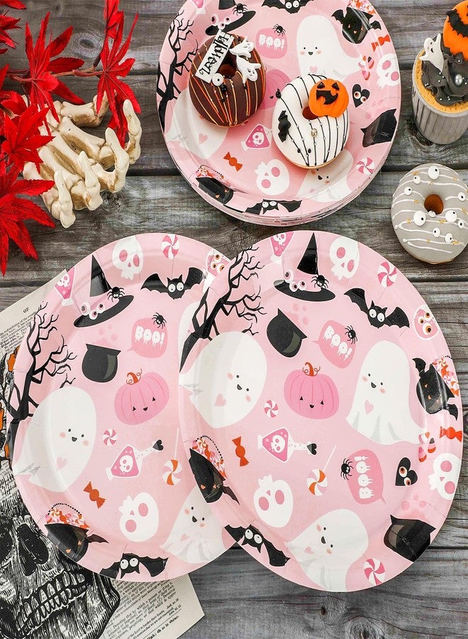 JarThenaAMCS 50Pcs Halloween Paper Plates Pink Cute Boo Ghost Disposable Plates 9 Inch Halloween Candy Party Tableware for Birthday Baby Shower Table Decor Supplies - Image 5