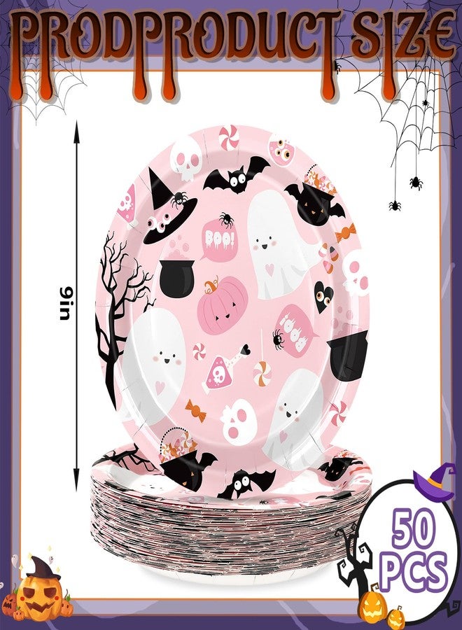 JarThenaAMCS 50Pcs Halloween Paper Plates Pink Cute Boo Ghost Disposable Plates 9 Inch Halloween Candy Party Tableware for Birthday Baby Shower Table Decor Supplies - Image 2