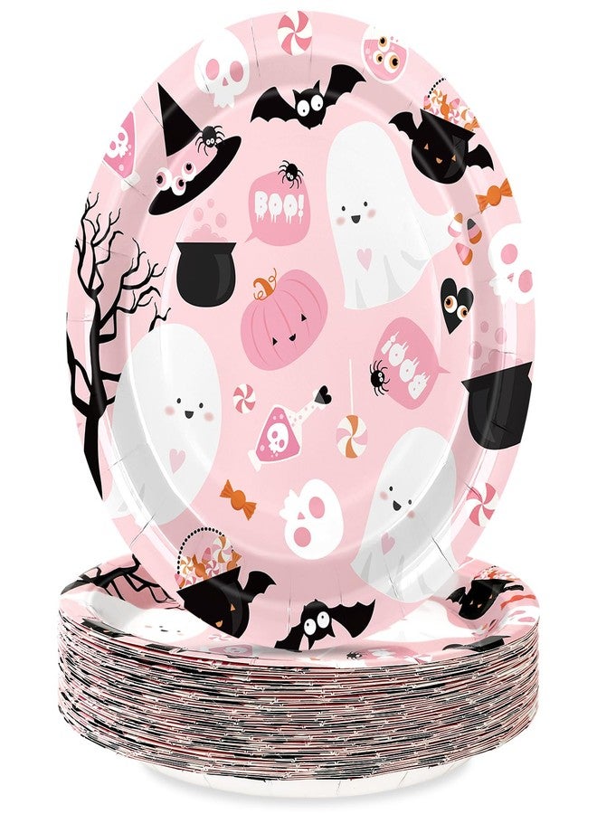 JarThenaAMCS 50Pcs Halloween Paper Plates Pink Cute Boo Ghost Disposable Plates 9 Inch Halloween Candy Party Tableware for Birthday Baby Shower Table Decor Supplies - Image 1