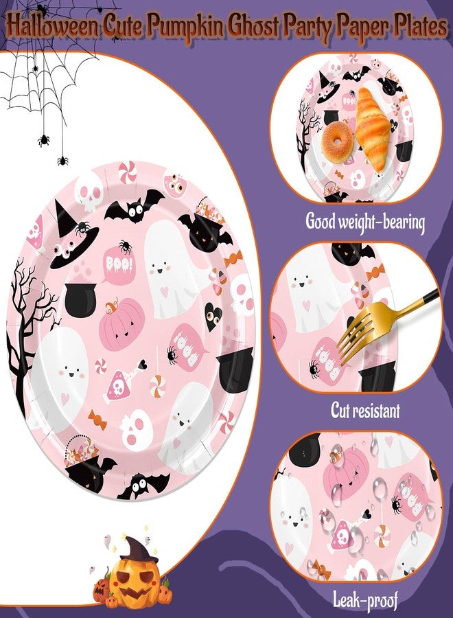 JarThenaAMCS 50Pcs Halloween Paper Plates Pink Cute Boo Ghost Disposable Plates 9 Inch Halloween Candy Party Tableware for Birthday Baby Shower Table Decor Supplies - Image 3