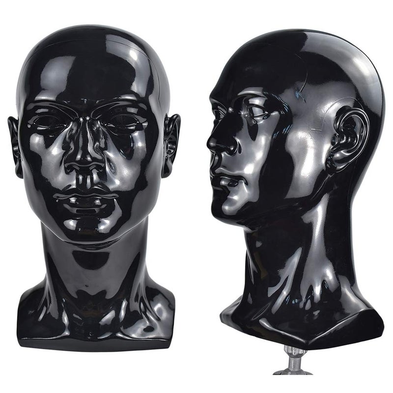 FLWAI PVC Bright Black Mannequin Head Professional Cosmetology Male Mannequin Head Display Head Stand for Wigs Head for Display Wigs Hair Glases Hat Headset Display StandL30Bright Black