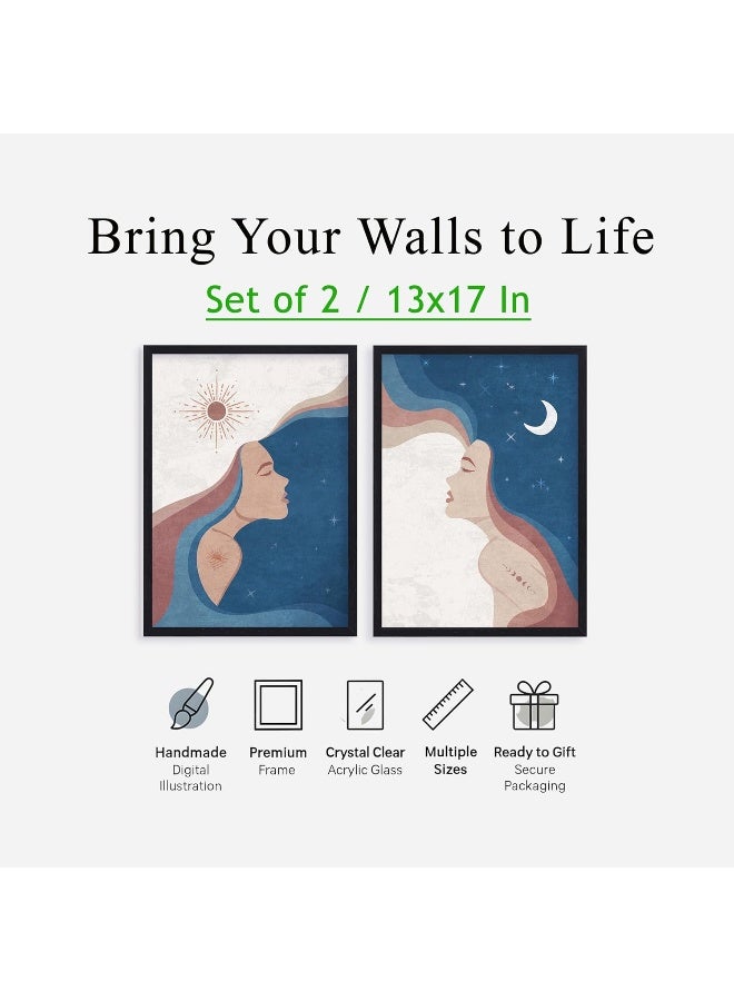 QUOTE - UNQUOTE ART Framed Art - Set of 2 - Women of Color - Moon and Sun - Beautiful Women - 34x44 cm - Black Frame - Image 2