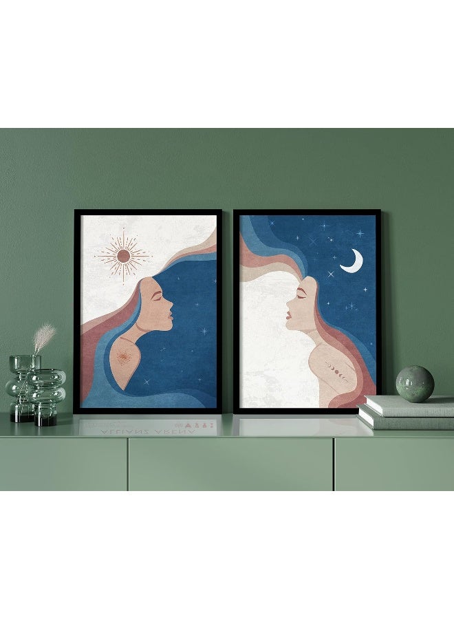 QUOTE - UNQUOTE ART Framed Art - Set of 2 - Women of Color - Moon and Sun - Beautiful Women - 34x44 cm - Black Frame - Image 4