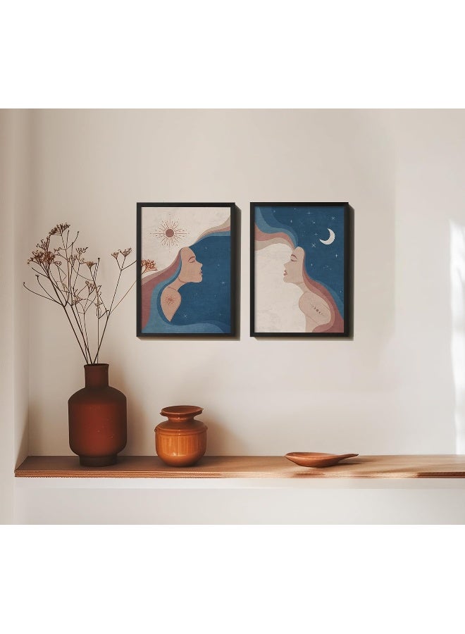QUOTE - UNQUOTE ART Framed Art - Set of 2 - Women of Color - Moon and Sun - Beautiful Women - 34x44 cm - Black Frame - Image 1