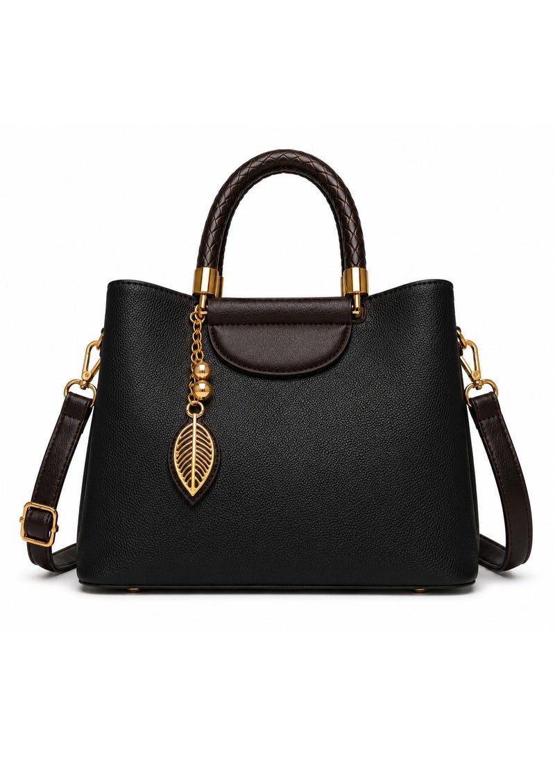 Elegant Women's Black Top Handle Handbag with Detachable Shoulder Strap