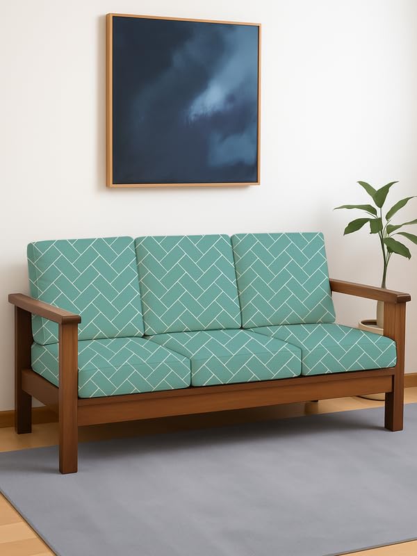 HOTKEI Pastel Green (Pack of 6) 200 GSM Fabric Wooden Sofa Seat Cover Elastic Stretchable Cushion Seat Slip Cover Protector for Wooden Sofa Set 3 Seater Antislip Full Covers for Living Room - Image 1