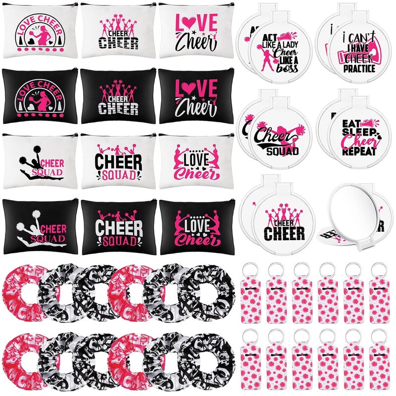 48 Pcs Cheer Gift Kit for Girls 12 Canvas Makeup Bags 12 Scrunchies 12 Makeup Mirrors 12 LipstickLip Balm Keychains for Cheerleaders