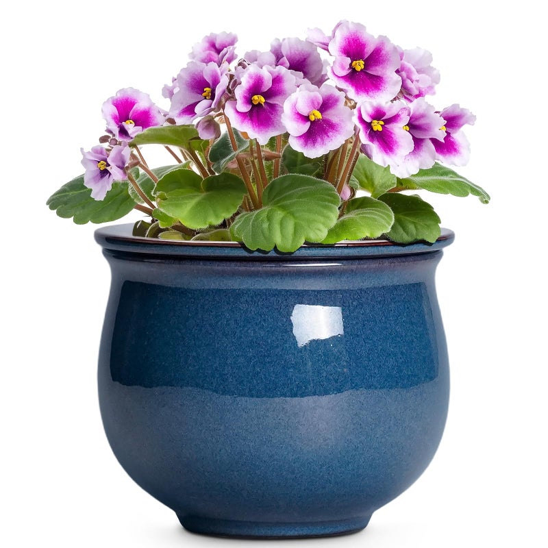 Teagas African Violet Pots, 6 Inch Ceramic Easy Self Watering Pots for Indoor Plant, Round Self Watering Planter with Absorbent Inner Pot, Ceramic Flower Pot, Room Decor, Plant Lover Gift, Retro Blue - Image 1