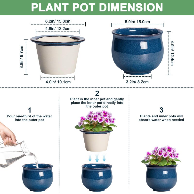 Teagas African Violet Pots, 6 Inch Ceramic Easy Self Watering Pots for Indoor Plant, Round Self Watering Planter with Absorbent Inner Pot, Ceramic Flower Pot, Room Decor, Plant Lover Gift, Retro Blue - Image 2