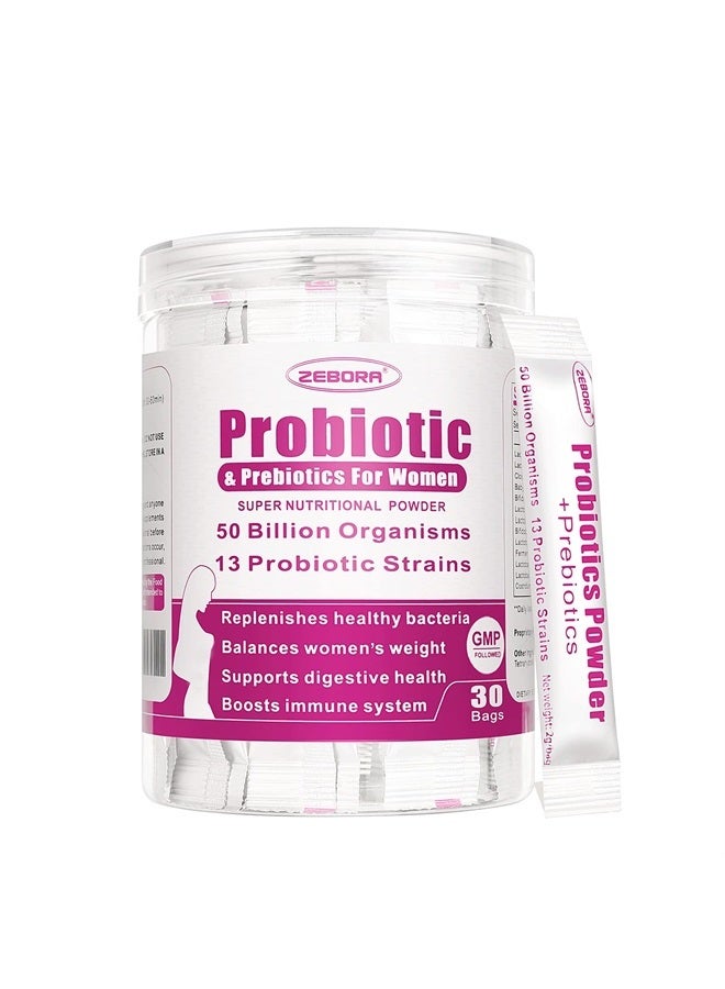 ZEBORA Probiotics for Women Digestive Health, 50 Billion CFU, 13 Strains, Women's Probiotics Powder with Cranberry for Urinary & Vaginal Health, Probiotics & Prebiotics for Gut and Immune Health, 30 Bags - Image 1