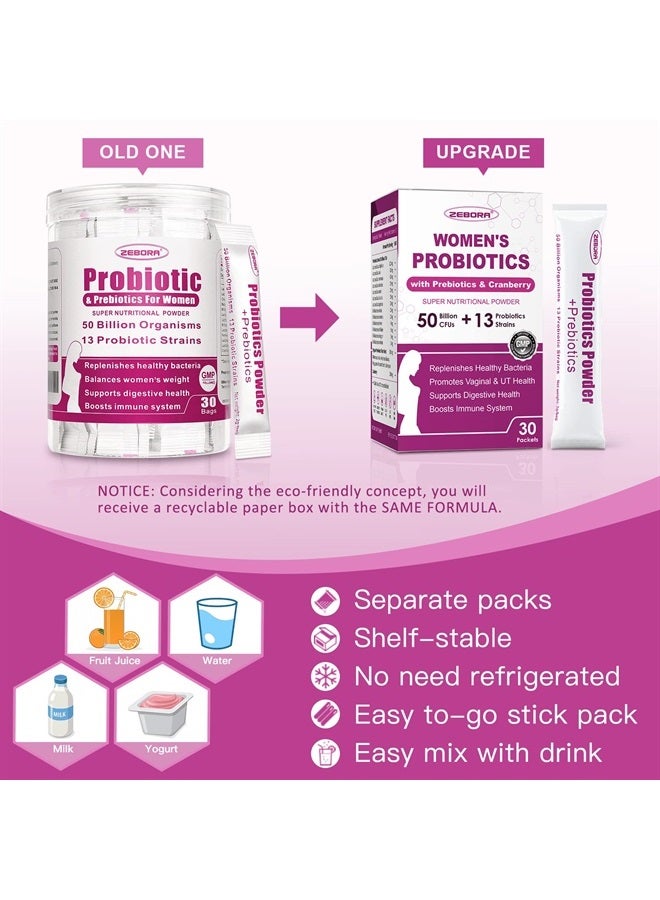 ZEBORA Probiotics for Women Digestive Health, 50 Billion CFU, 13 Strains, Women's Probiotics Powder with Cranberry for Urinary & Vaginal Health, Probiotics & Prebiotics for Gut and Immune Health, 30 Bags - Image 3