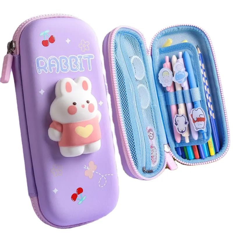 Parshya Plastic Eva 3D Small Pencil Case Pouch, Large Capacity Rabbit Pen And Pencil Bag With Compartment, Kawaii Stationery School Pouch With Zipper For Kids And Student - Purple - Image 1