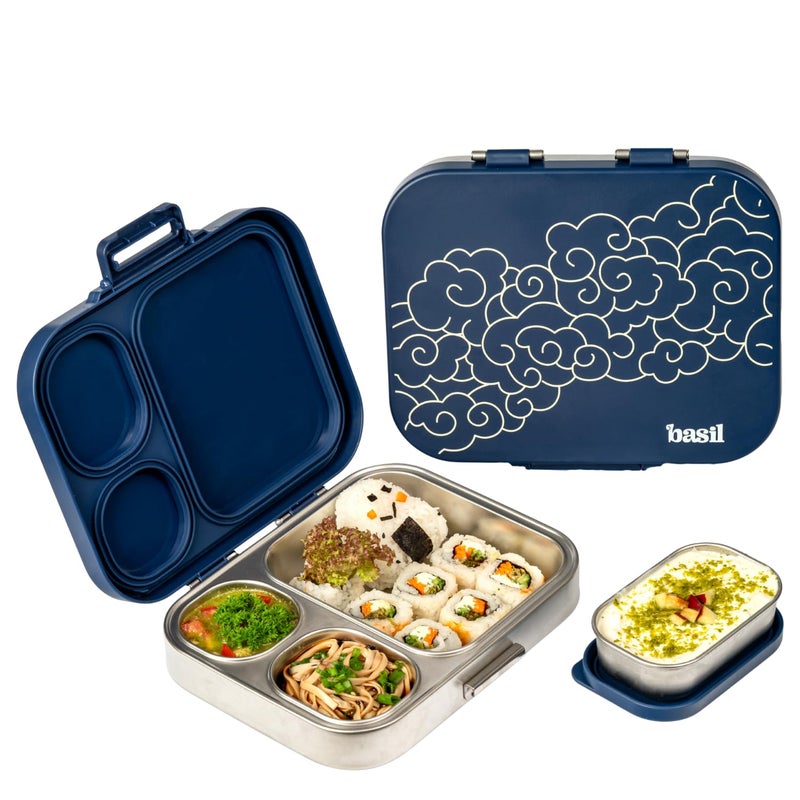 BASIL Bento Box Quad Plus – 4 Compartment Stainless Steel Lunch Box (1020ml) with BPA-Free Lid | Leak-Proof Tiffin for Kids & Adults | Premium Lunch Box for School, Office & Picnic – Midnight Sora - Image 1