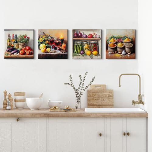 YOOOAHU Colorful Kitchen Wall Art Farmhouse Spices Food Herbs Pictures Mason Jar Wall Decor for Dining Room Rustic Vintage Fresh Vegetable Painting Canvas Prints Restaurant Artwork Home Decoration 12x12" 4P - Image 4