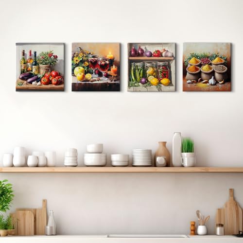 YOOOAHU Colorful Kitchen Wall Art Farmhouse Spices Food Herbs Pictures Mason Jar Wall Decor for Dining Room Rustic Vintage Fresh Vegetable Painting Canvas Prints Restaurant Artwork Home Decoration 12x12" 4P - Image 3