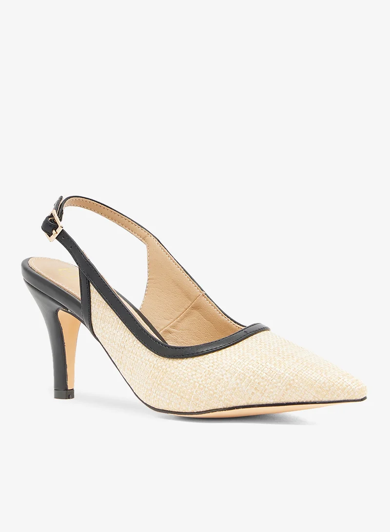 ELLA Natural raffia pointed slingback with black trim and kitten heel