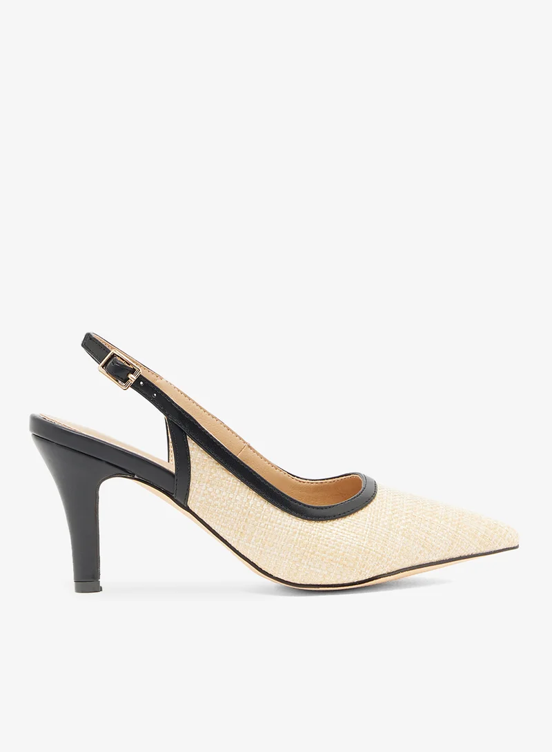 ELLA Natural raffia pointed slingback with black trim and kitten heel