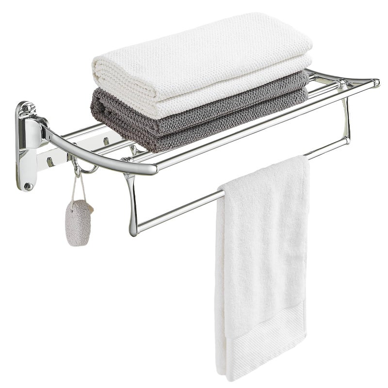 BESy 24 Inch Polished Chrome Towel Racks, Bathroom Towel Shelf with Foldable Towel Bar Holder and Towel Hooks, Wall - Image 1