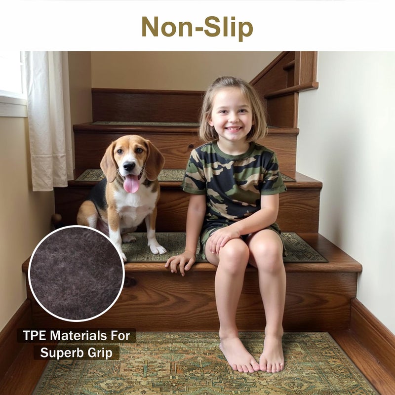 sarben Carpet Stair Treads Non Slip 1PCS, 30" X 30"Edging Stair Runner for Wooden Steps Indoor, Resistant Stair Rugs with Reusable TPE Adhesive Backing, Residue Free Mat for Kids,Pets,Vintage Sage - Image 3