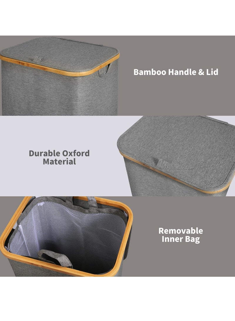 Laundry Hamper with Lid, 100l Large Laundry Basket with Bamboo Handles, Freestanding Collapsible Laundry Hamper with Inner Bag for Clothes,Toys, Blankets, Towels Storage Bedroom and Bathroom, Grey - Image 5