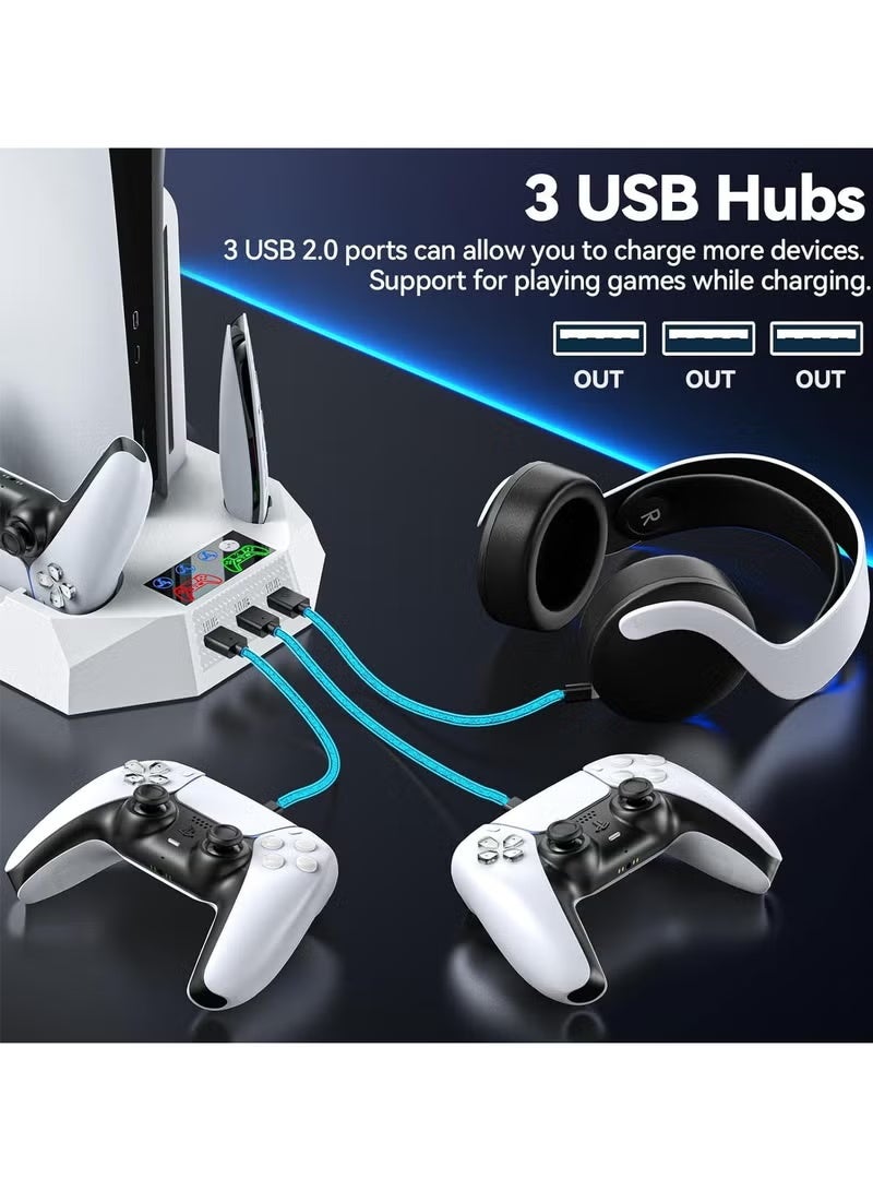 حامل PS5، محطة تبريد PS5 Slim مع إضاءة RGB LED، شاحن للتحكم المزدوج و مروحة تبريد سريعة - متوافق مع PS5 القياسي/الخاف والجهاز الرقمي، 3 منافذ USB وحامل سماعات الرأس، أبيض - Image 2