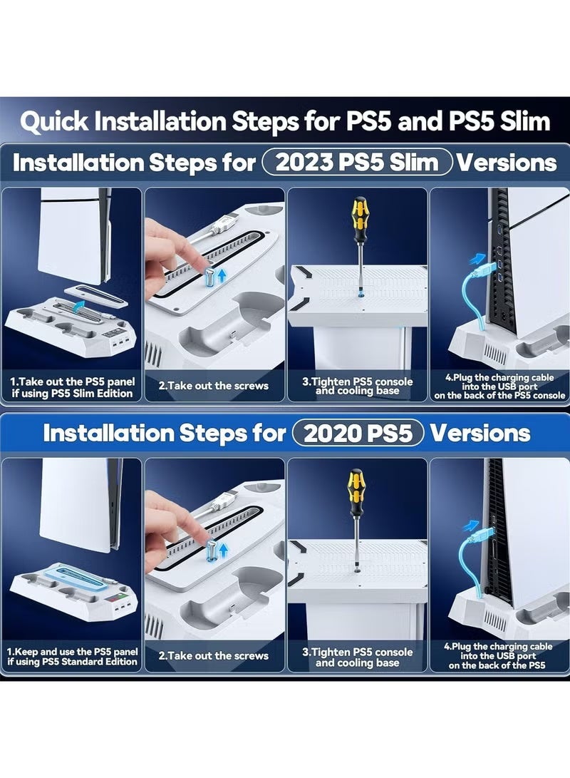 حامل PS5، محطة تبريد PS5 Slim مع إضاءة RGB LED، شاحن للتحكم المزدوج و مروحة تبريد سريعة - متوافق مع PS5 القياسي/الخاف والجهاز الرقمي، 3 منافذ USB وحامل سماعات الرأس، أبيض - Image 5
