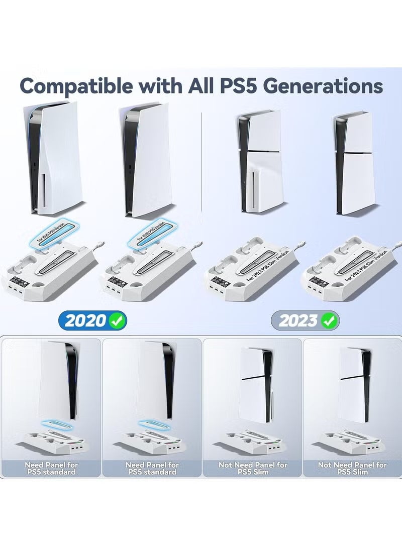 حامل PS5، محطة تبريد PS5 Slim مع إضاءة RGB LED، شاحن للتحكم المزدوج و مروحة تبريد سريعة - متوافق مع PS5 القياسي/الخاف والجهاز الرقمي، 3 منافذ USB وحامل سماعات الرأس، أبيض - Image 4