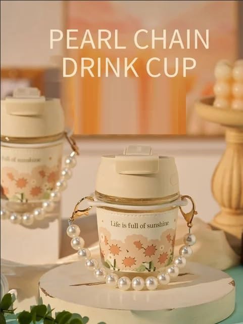 ASHAPURA CREATION Glass Coffee Mugs with Pearl Chain Belt and Reusable Coffee Mug Travel Sipper Double Drink Straw Lids Sleeve for Kids Girls Durable Tumbler Juice Milk Smoothie Tea Cups (Drinking Cup-350ML) - Image 4