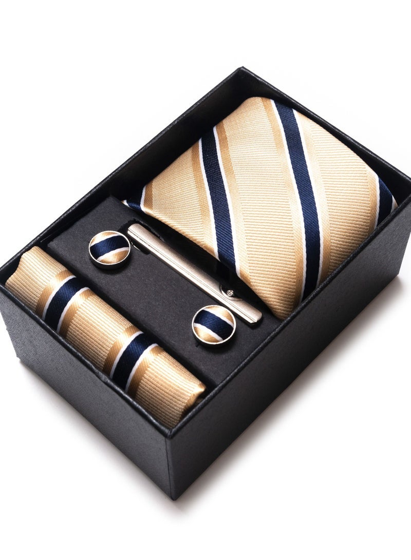 Men's Stripes Patterned Set with Pocket Square, Cufflinks & Tie Clip - Formal Tie with Handkerchief in Gift Box for Business, Wedding, Office, Parties & Corporate Gifting - Image 1
