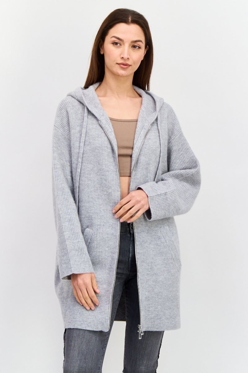 Boss By Hugo Boss Women Hooded Long Sleeves Knitted Sweater, Grey  - Image 1