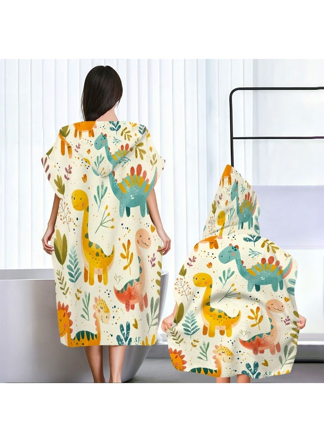 Cream Beige Base Full Printed Macaron Hand Drawn Brachiosaurus Stegosaurus Triceratops Green Plant Flower Speckle Unisex Kids Hooded Quick Dry Poncho Towel, Polyester Soft Water Absorbent Loose Windproof Bath Wrap for All Kids, Ideal for Beach, Swimming Pool, Hot Spring & Daily Shower - Image 5