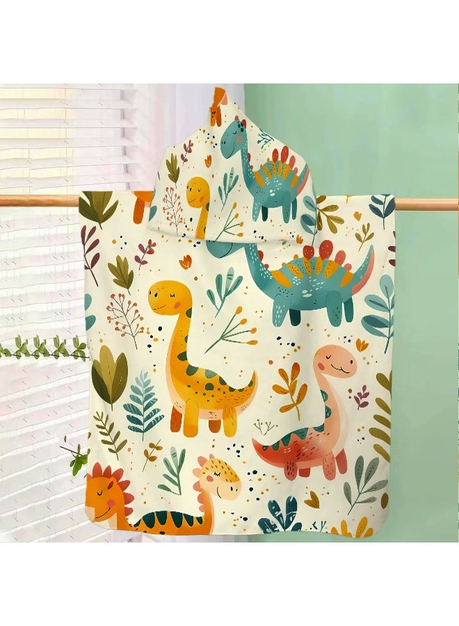 Cream Beige Base Full Printed Macaron Hand Drawn Brachiosaurus Stegosaurus Triceratops Green Plant Flower Speckle Unisex Kids Hooded Quick Dry Poncho Towel, Polyester Soft Water Absorbent Loose Windproof Bath Wrap for All Kids, Ideal for Beach, Swimming Pool, Hot Spring & Daily Shower - Image 3