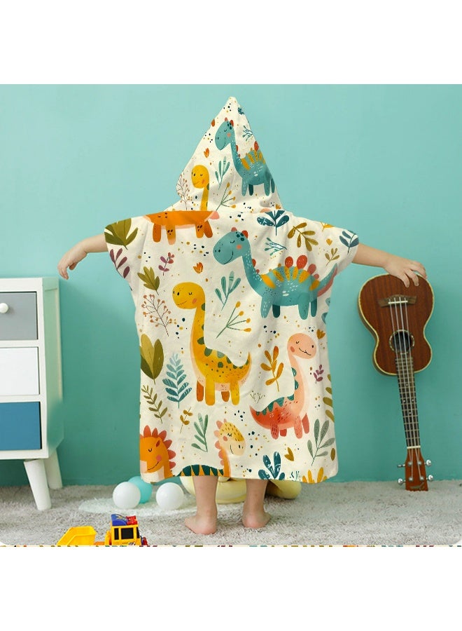 Cream Beige Base Full Printed Macaron Hand Drawn Brachiosaurus Stegosaurus Triceratops Green Plant Flower Speckle Unisex Kids Hooded Quick Dry Poncho Towel, Polyester Soft Water Absorbent Loose Windproof Bath Wrap for All Kids, Ideal for Beach, Swimming Pool, Hot Spring & Daily Shower - Image 2