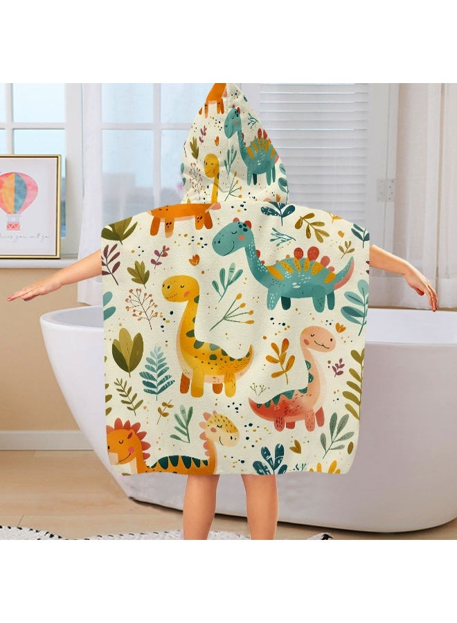 Cream Beige Base Full Printed Macaron Hand Drawn Brachiosaurus Stegosaurus Triceratops Green Plant Flower Speckle Unisex Kids Hooded Quick Dry Poncho Towel, Polyester Soft Water Absorbent Loose Windproof Bath Wrap for All Kids, Ideal for Beach, Swimming Pool, Hot Spring & Daily Shower - Image 1