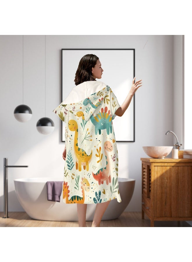Cream Beige Base Full Printed Macaron Hand Drawn Brachiosaurus Stegosaurus Triceratops Green Plant Flower Speckle Unisex Kids Hooded Quick Dry Poncho Towel, Polyester Soft Water Absorbent Loose Windproof Bath Wrap for All Kids, Ideal for Beach, Swimming Pool, Hot Spring & Daily Shower - Image 4