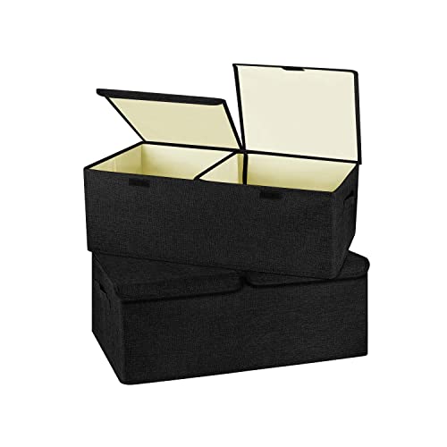 Valease 2 Pack Large Linen Fabric Collapsible Storage Bins with Lid and Handles, Washable Storage Box Baskets Cube with Removable Divider for Bedroom,Closet,Office,Living Room,Nursery (Black, Small) - Image 1