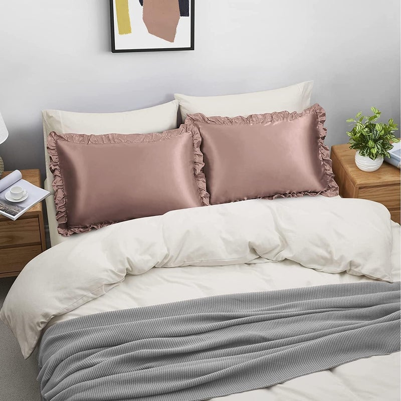 GO WELL Ruffle Satin Pillowcase for Hair and Skin, Standard Size Satin Pillow Covers Silky Pillow Cases Set of 2, Satin Ruffled Pillowcase with Envelope Closure,Silk Pillow case(Rose Taupe) 1200TC - Image 3