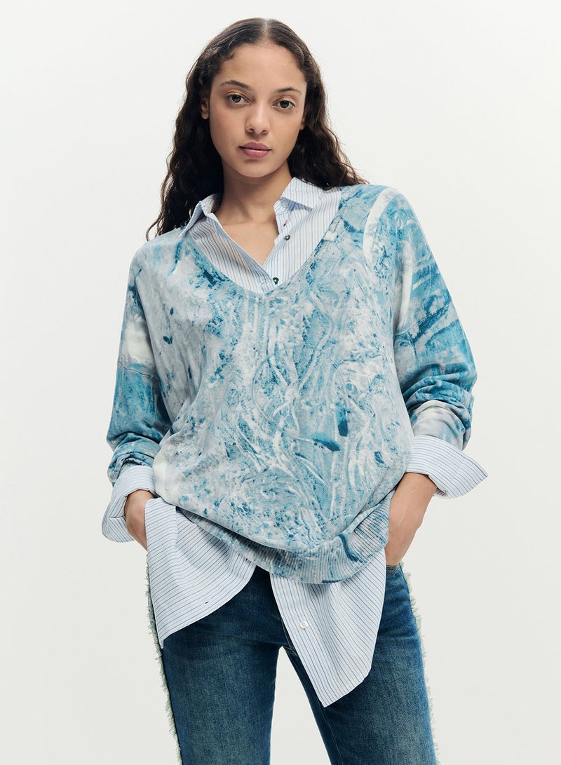 DESIGUAL Fine Knit Sweater With Abstract Print In Blue Tones It Features A V-Neck - Image 1