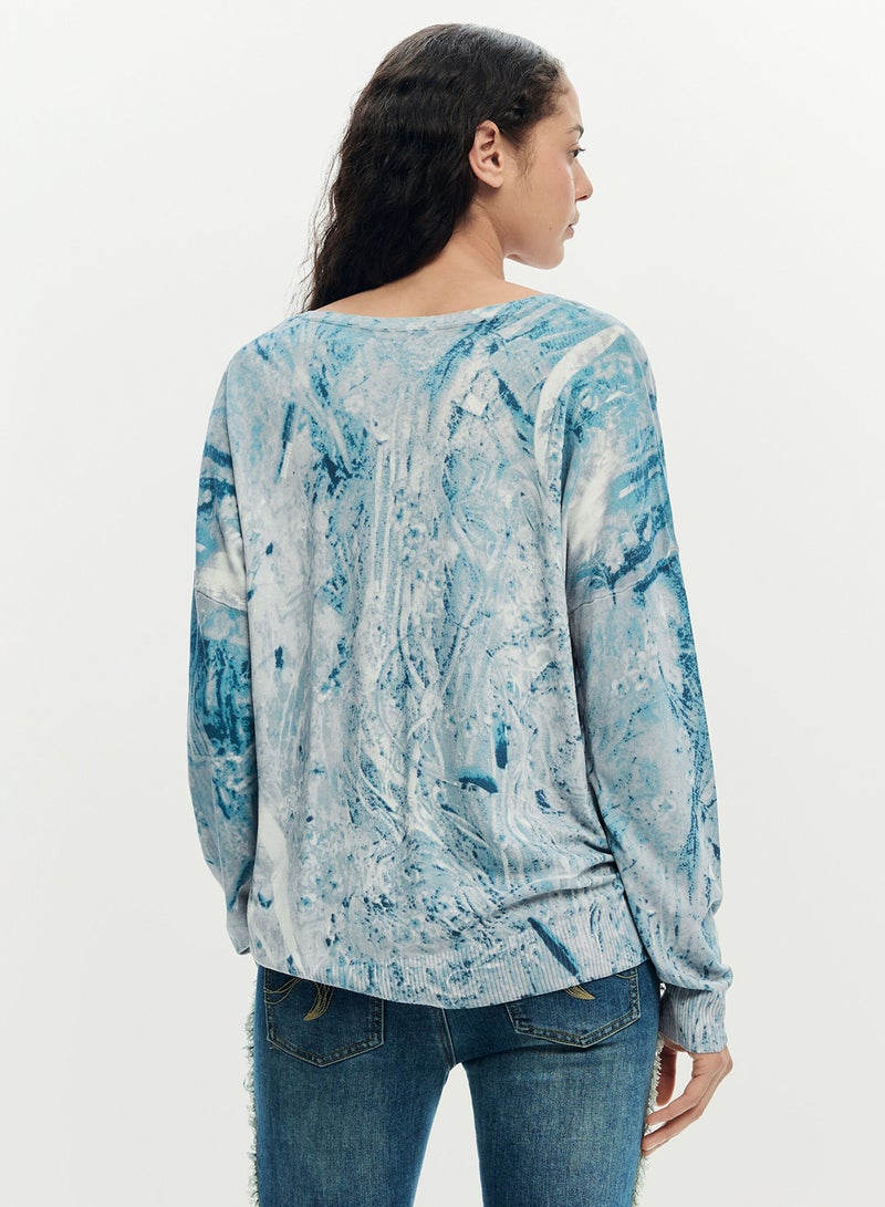 DESIGUAL Fine Knit Sweater With Abstract Print In Blue Tones It Features A V-Neck - Image 4