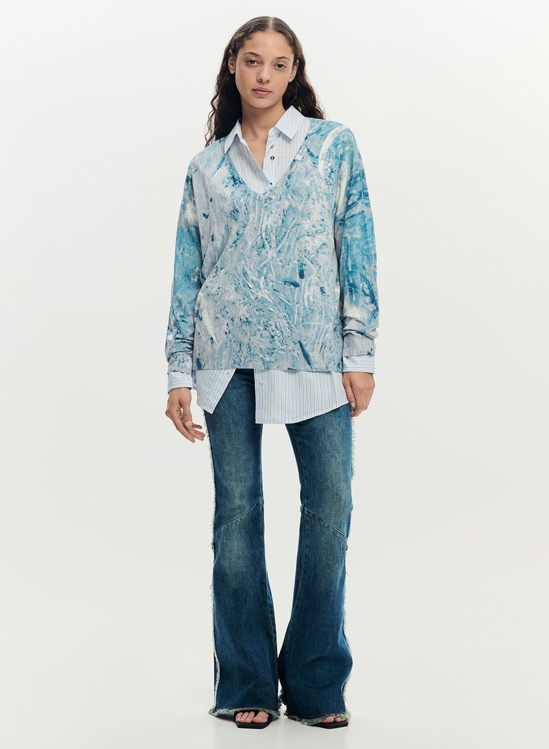 DESIGUAL Fine Knit Sweater With Abstract Print In Blue Tones It Features A V-Neck - Image 2