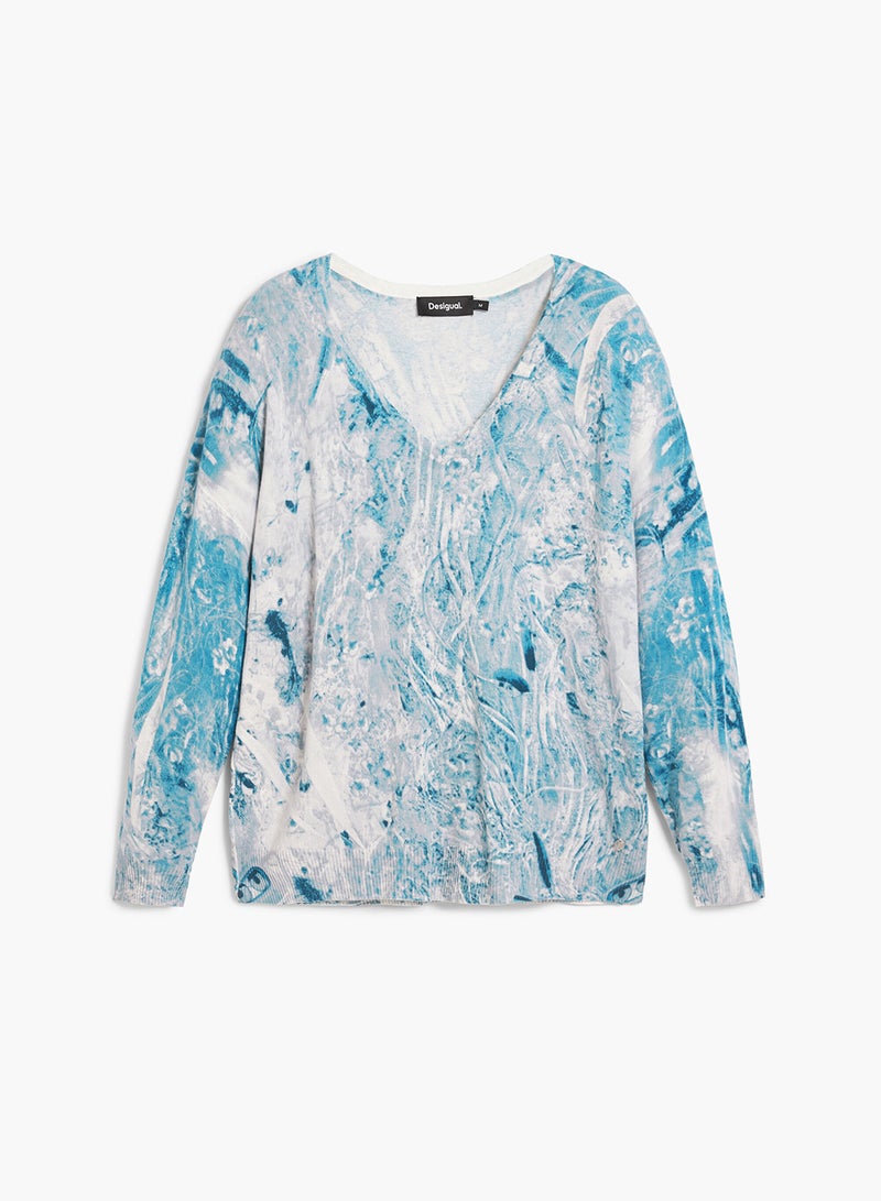 DESIGUAL Fine Knit Sweater With Abstract Print In Blue Tones It Features A V-Neck - Image 5