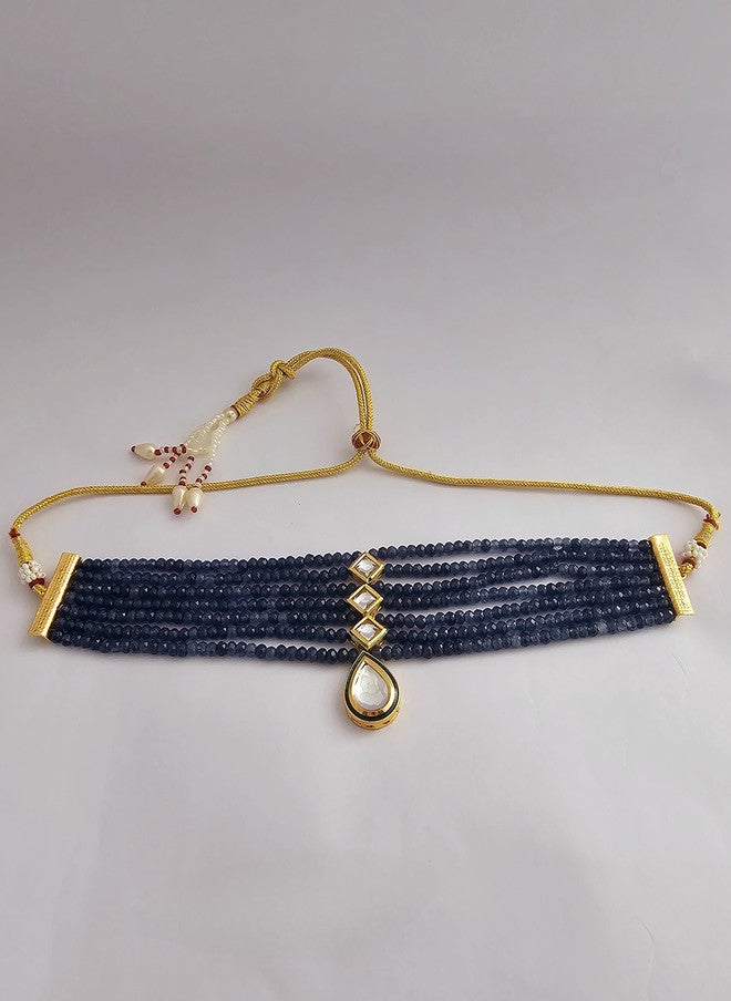 Binnis Wardrobe Gold Plated Kundan Studded Artificial Beaded Layered Choker Necklace - Image 2
