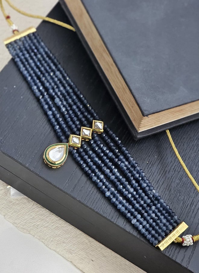 Binnis Wardrobe Gold Plated Kundan Studded Artificial Beaded Layered Choker Necklace - Image 3