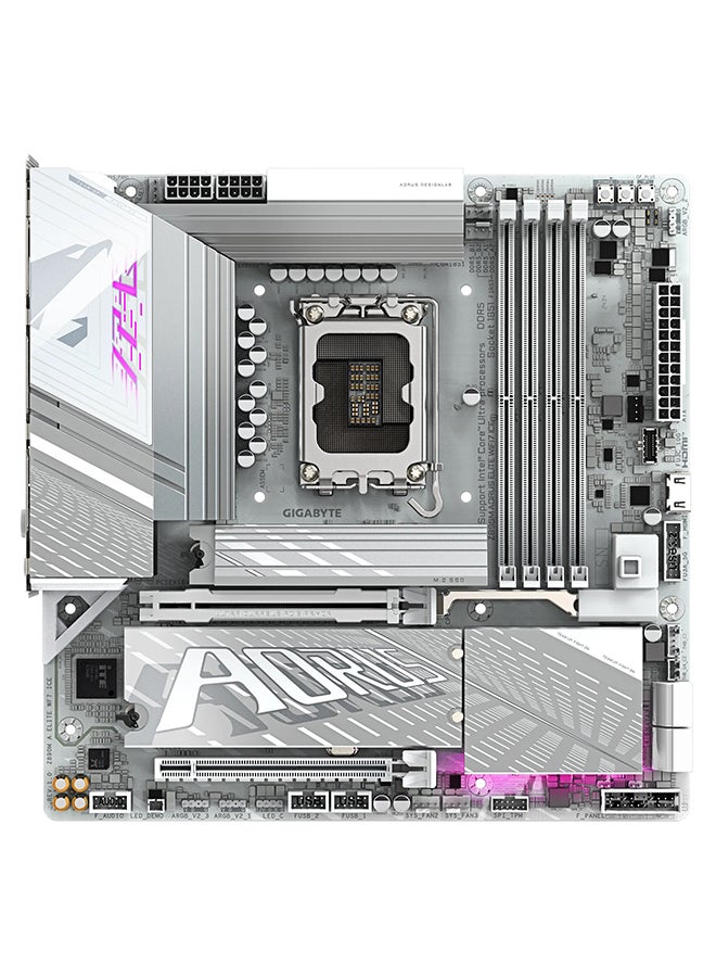 جيجابايت Z890M AORUS ELITE WIFI7 ICE، معالجات إنتل كور ألترا، مقبس LGA1851، يدعم حتى 256 جيجابايت من ذاكرة DDR5 RAM، PCIe 5.0، بلوتوث 5.4، واي فاي 7، إيثرنت 10 جيجابت، تصميم حراري متقدم مع مصفوفة زعانف ثلاثية، فتحتان M.2 مع حراس حراريين، USB 3.2 Gen 2x2 Type-C، RGB Fusion 2.0، Thunderbolt 4 من إنتل على اللوحة، مكثفات صوت عالية الجودة، لوحة أم ATX | Z890M-A-ELITE-WF7-ICE - Image 2