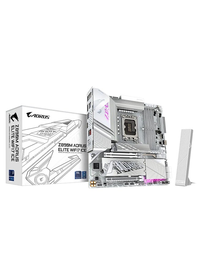جيجابايت Z890M AORUS ELITE WIFI7 ICE، معالجات إنتل كور ألترا، مقبس LGA1851، يدعم حتى 256 جيجابايت من ذاكرة DDR5 RAM، PCIe 5.0، بلوتوث 5.4، واي فاي 7، إيثرنت 10 جيجابت، تصميم حراري متقدم مع مصفوفة زعانف ثلاثية، فتحتان M.2 مع حراس حراريين، USB 3.2 Gen 2x2 Type-C، RGB Fusion 2.0، Thunderbolt 4 من إنتل على اللوحة، مكثفات صوت عالية الجودة، لوحة أم ATX | Z890M-A-ELITE-WF7-ICE - Image 1