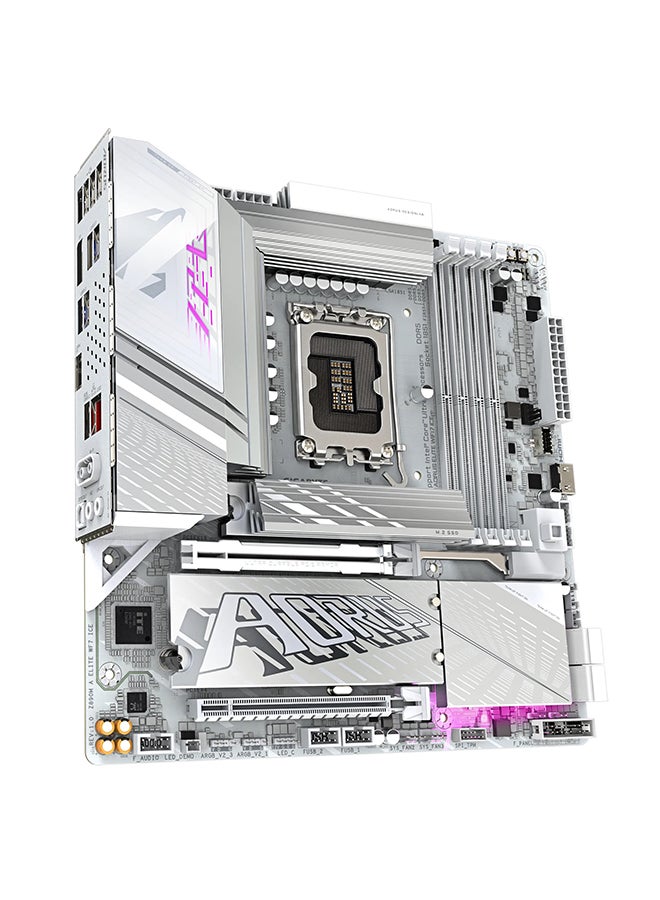 جيجابايت Z890M AORUS ELITE WIFI7 ICE، معالجات إنتل كور ألترا، مقبس LGA1851، يدعم حتى 256 جيجابايت من ذاكرة DDR5 RAM، PCIe 5.0، بلوتوث 5.4، واي فاي 7، إيثرنت 10 جيجابت، تصميم حراري متقدم مع مصفوفة زعانف ثلاثية، فتحتان M.2 مع حراس حراريين، USB 3.2 Gen 2x2 Type-C، RGB Fusion 2.0، Thunderbolt 4 من إنتل على اللوحة، مكثفات صوت عالية الجودة، لوحة أم ATX | Z890M-A-ELITE-WF7-ICE - Image 3